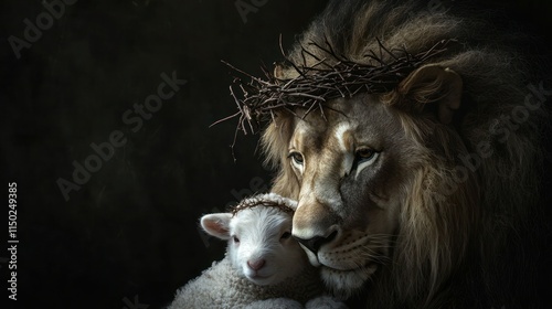 Biblical symbolism lion and lamb Jesus crowned with thorns on black background. Concept Religious Art, Lion and Lamb, Biblical Symbolism, Jesus Crown of Thorns, Black Background