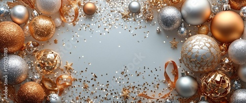 Decorative holiday ornaments with gold and silver accents on a shimmering background