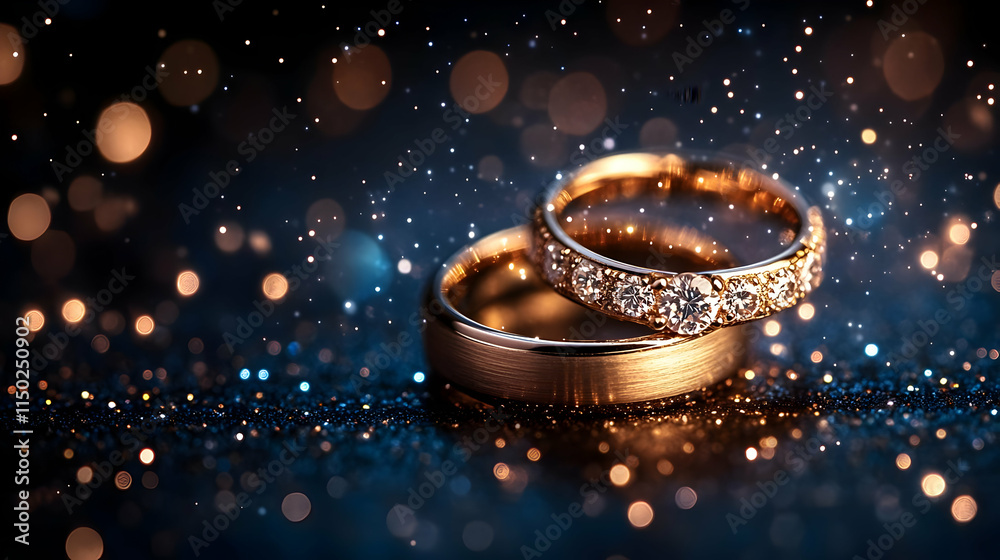 Bokeh digital art of wedding rings floating amidst sparkling lights copy space below. concept as Elegant bokeh digital art featuring wedding rings floating amidst sparkling lights symbolizing love and Bokeh digital art of wedding rings floating amidst sparkling lights copy space below. concept as Elegant bokeh digital art featuring wedding rings floating amidst sparkling lights symbolizing love and