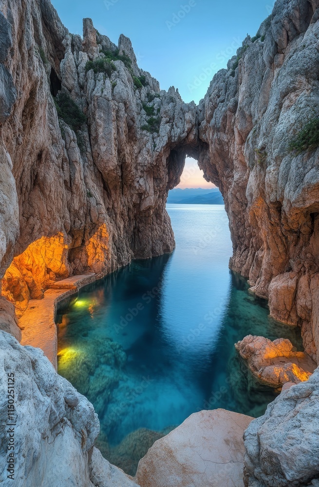Cave entrance reveals stunning turquoise waters beneath sunset sky Cave entrance reveals stunning turquoise waters beneath sunset sky