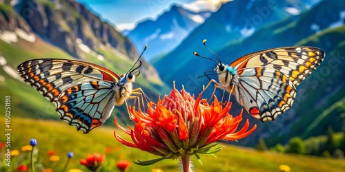 Two Mountain Sheep Butterflies on Devil's Claw Flower in Alpine Meadow photo