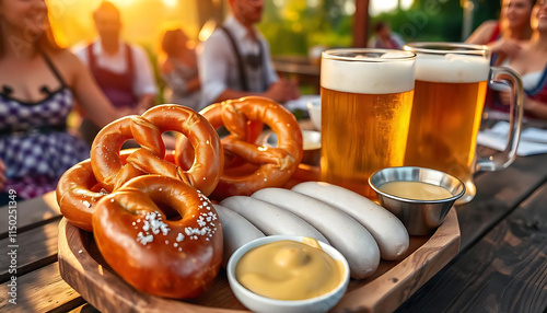 Traditional Oktoberfest Cuisine with Pretzels, Sausages, and Beer in Outdoor Setting photo