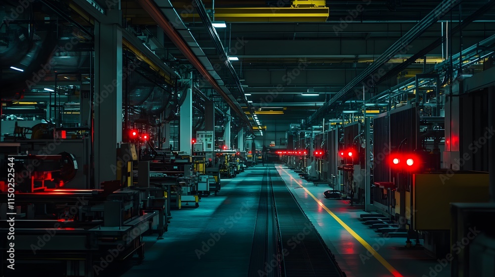 Dimly lit factory with flashing red alarms over machinery, intense scene. Dimly lit factory with flashing red alarms over machinery, intense scene.