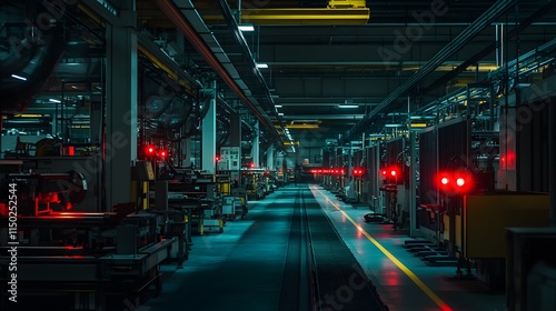 Dimly lit factory with flashing red alarms over machinery  intense scene.