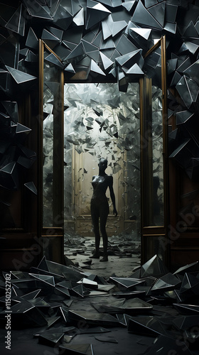 A dimly lit room with shattered mirrors on the walls, each reflecting a distorted and defeated version of a figure.