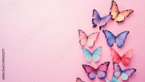 Elegant minimalist butterflies in soft pastel colors on pink background. Delicate wings in various directions, perfect for wedding cards and social media.