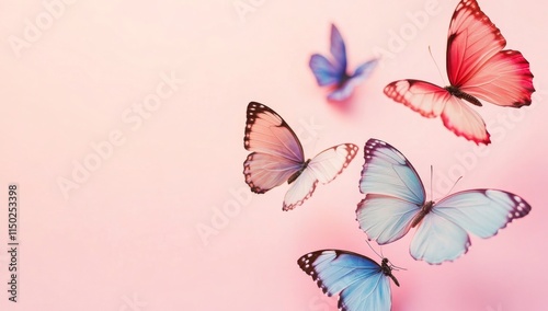 Elegant minimalist butterflies in soft pastel colors on pink background. Delicate wings in various directions, perfect for wedding cards and social media.