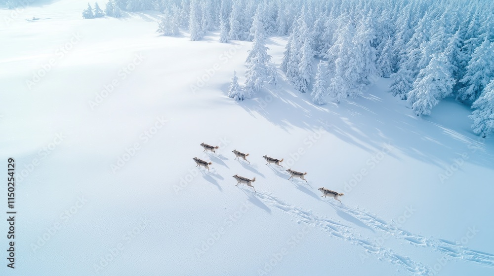 Obraz premium Pack of wolves walking through a snowy forest landscape covered in fresh white snow during winter