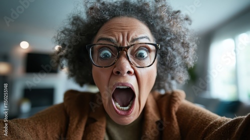 A woman with curly hair and large glasses is expressing shock and surprise with her mouth wide open, conveying an intense emotional outburst in a home setting. photo