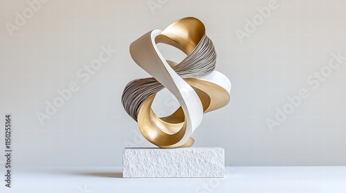 A modern abstract sculpture that features a complex weave of metallic strands contrasting beautifully with a finely textured stone, elegantly displayed against an extensive white backdrop,
