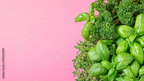 A medley of herbs like basil, parsley, and rosemary levitating against a soft gradient background, space for advertising text, balanced composition, photo