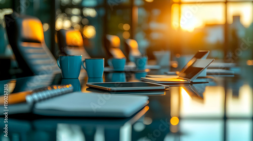 Wallpaper Mural Glossy Conference Table Setup with Notebooks Tablets Coffee for Brainstorming Session Torontodigital.ca