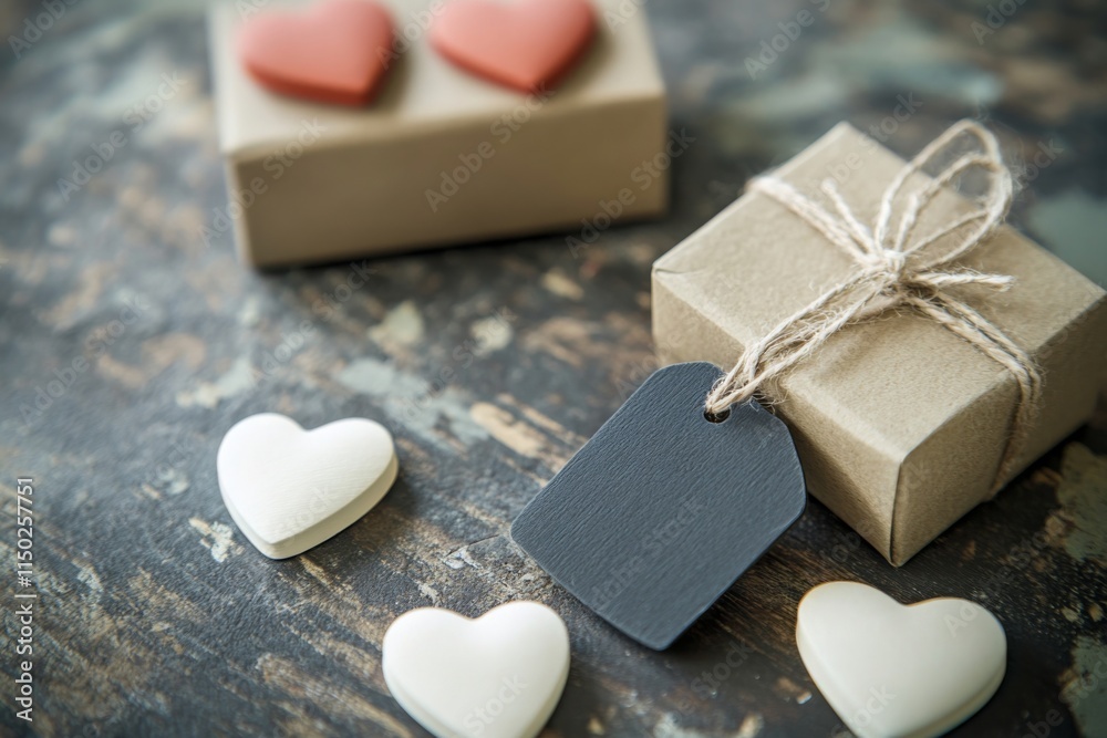Obraz premium Valentine's Day Flat Lay Banner with Hearts, Gift Box, and Tag on Wooden Table. Love Theme Backdrop with Copy Space.