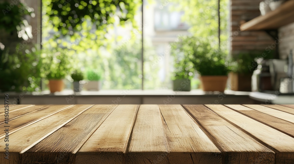Wood table top with green plants on blur kitchen counter (room)background. Wood table top with green plants on blur kitchen counter (room)background.