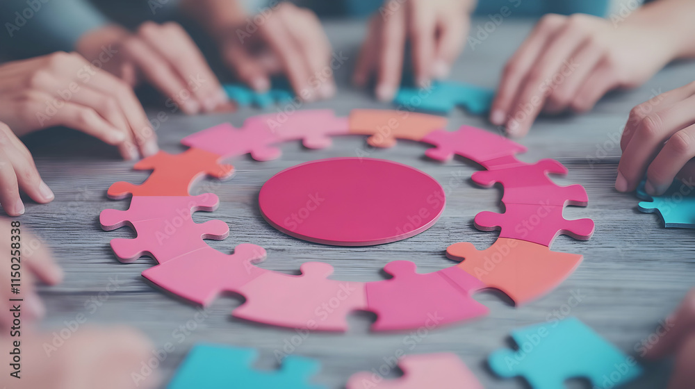 Diverse Team Assembling Puzzle Pieces on Wooden Table Showcasing Collaboration Unity Diverse Team Assembling Puzzle Pieces on Wooden Table Showcasing Collaboration Unity
