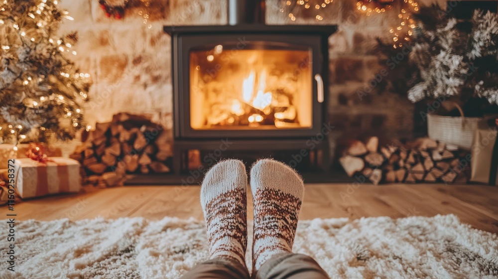 Fototapeta premium Family relaxing at home. Feet in Christmas socks near fireplace. Winter holiday concept