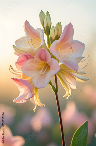 A stunning close-up of beautiful Alstroemerias flowers bathed in gentle morning light. Created with generative AI