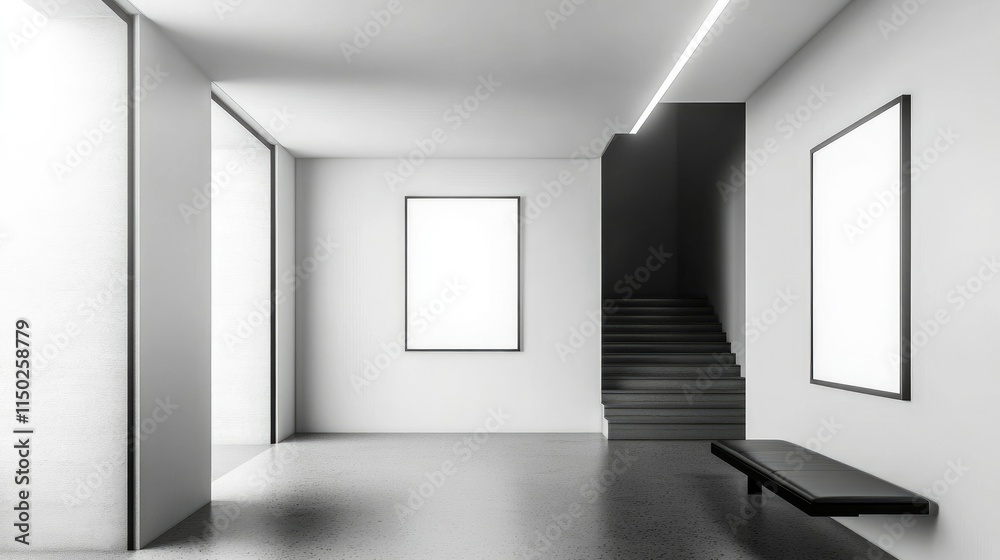 Blank wall frame in a modern, white-walled gallery space Blank wall frame in a modern, white-walled gallery space