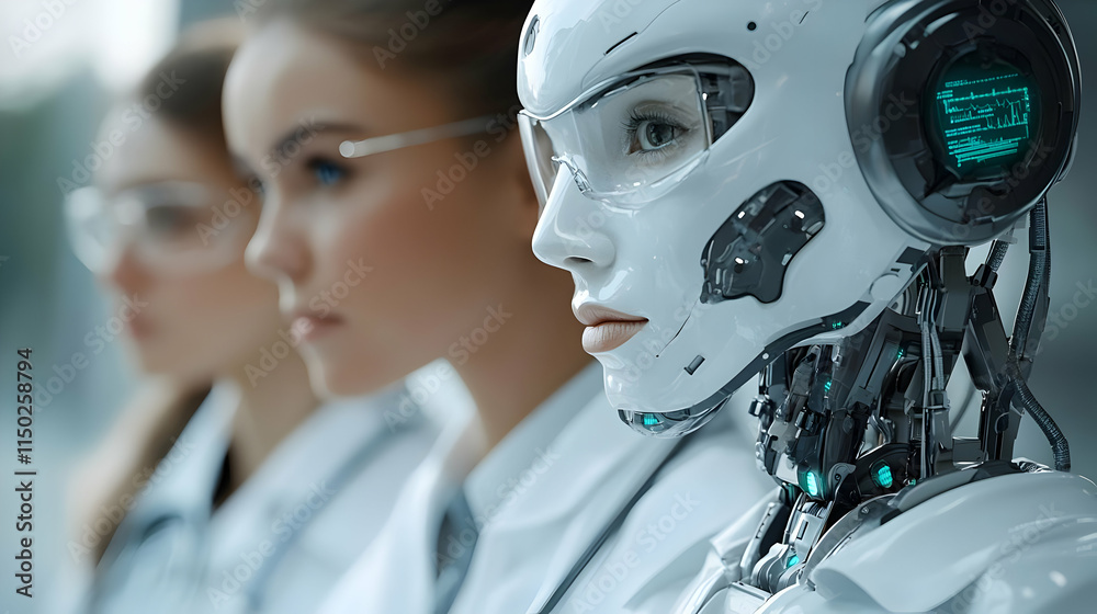 Fototapeta premium Medical Team Collaborating with Robotic Assistant in Diagnostic Procedure Abstract Digital Art Image with Soft Bokeh Background