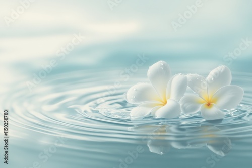 Two white plumeria flowers float on calm, rippling water.