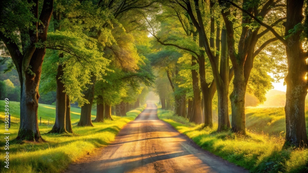 Naklejka premium Golden sunlight illuminates a tree-lined path, creating a serene and idyllic countryside scene.