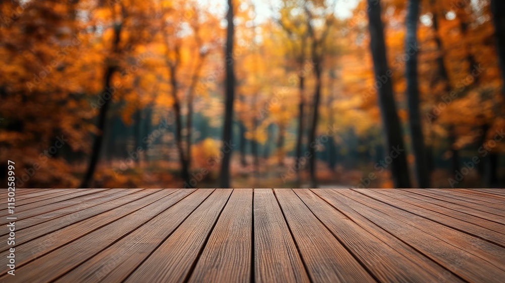 wooden decking with blurred Autumn forest in background, product display mockup wooden decking with blurred Autumn forest in background, product display mockup