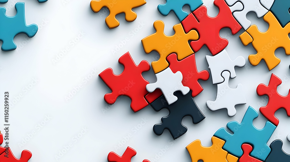 Obraz premium Geometric Puzzle Patterns Isolated White Background Symbolizing Teamwork Contribution
