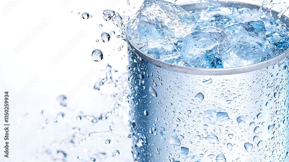 Close-up of a metallic can with condensation and splashes of water droplets, perfect for a crisp and cool advertisement, ample text space, balanced composition, Close-up of a metallic can with condensation and splashes of water droplets, perfect for a crisp and cool advertisement, ample text space, balanced composition,