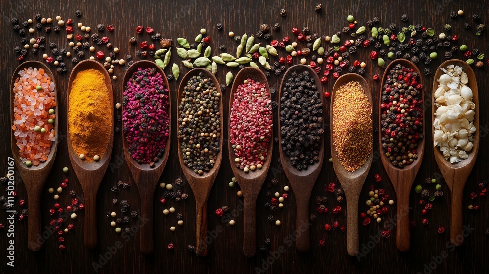 Obraz premium A captivating collection of spices fills wooden spoons, each showcasing unique colors and textures. The arrangement invites exploration of culinary creativity and rich flavors found in nature