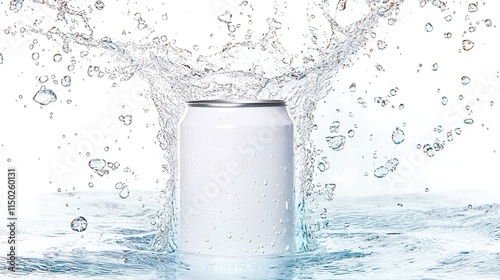 Drink can submerged halfway in clear water, surrounded by sparkling splashes and bubbles, with ample space for text, balanced composition, photo