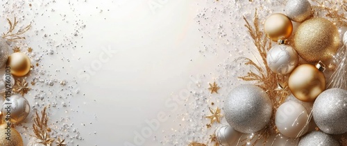 Decorative holiday ornaments with gold and silver accents on a shimmering background