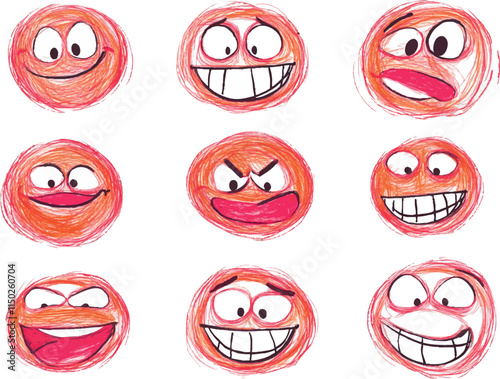 Ensemble d'emoticone joyeux, dessin à la main