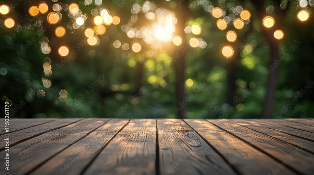 wooden decking with blurred forest in background, product display mockup with bokeh lights wooden decking with blurred forest in background, product display mockup with bokeh lights
