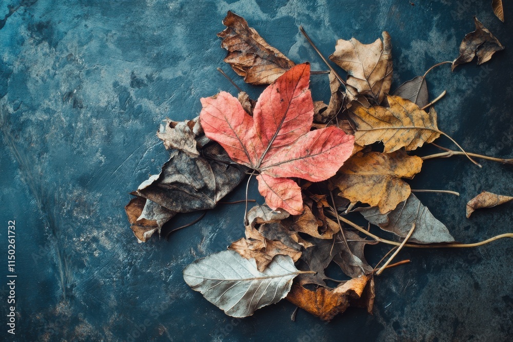 Dried Autumn Leaves On Dark Textured Surface Dried Autumn Leaves On Dark Textured Surface