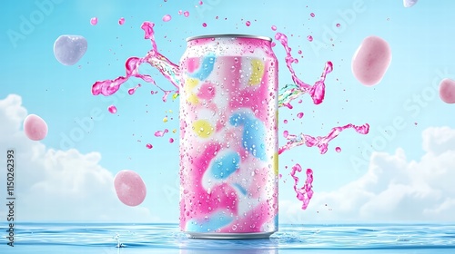 Glossy drink can with an explosion of colorful liquid splashes in mid-air, room for advertising text, dynamic and bold design, balanced composition, photo