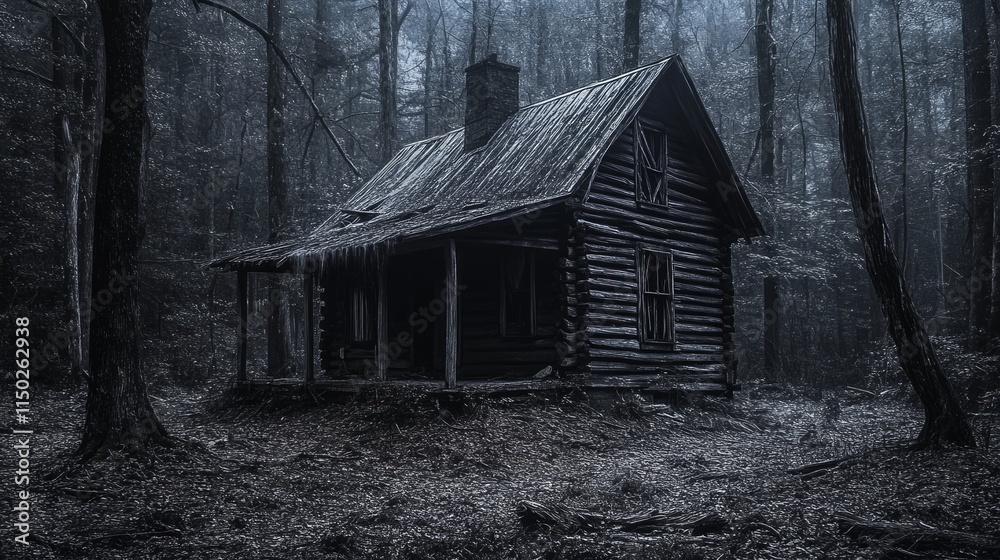 Obraz premium old wooden cabin at the edge of a dense, eerie forest known as the Black Woods. 