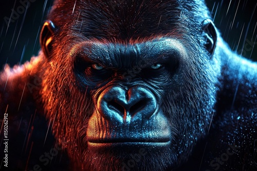 The intensity of an angry gorilla captured under the night rain.