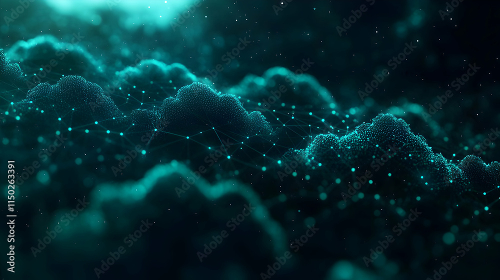 Fototapeta premium Glossy Background Featuring Secure Cloud Infrastructure with Interconnected Clouds and Ample Copy Space
