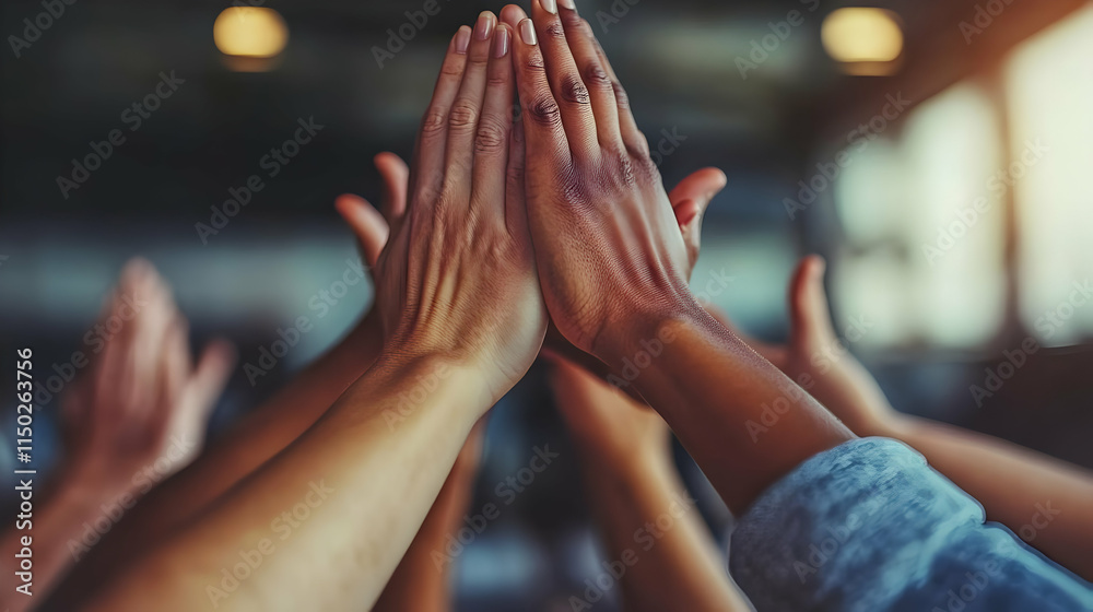 Macro Close Up Diverse Team High Fiving Celebrating Unity in Corporate Setting Macro Close Up Diverse Team High Fiving Celebrating Unity in Corporate Setting