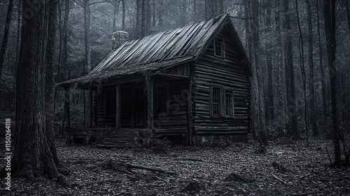  old wooden cabin at the edge of a dense, eerie forest known as the Black Woods.  photo