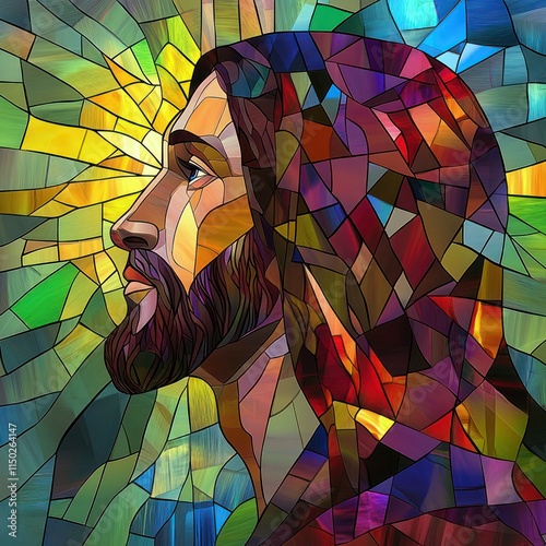  A colorful stained glass window featuring an image of Jesus Christ. Concept Religious Art, Stained Glass, Jesus Christ, Colorful Window, Spiritual Decoration photo