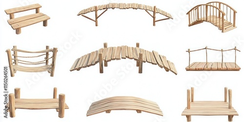 Set collection of arch rustic wooden wood suspended rope suspension bridge entrance footbridge boardwalk on white background. Many different assorted style. Mockup template for design photo