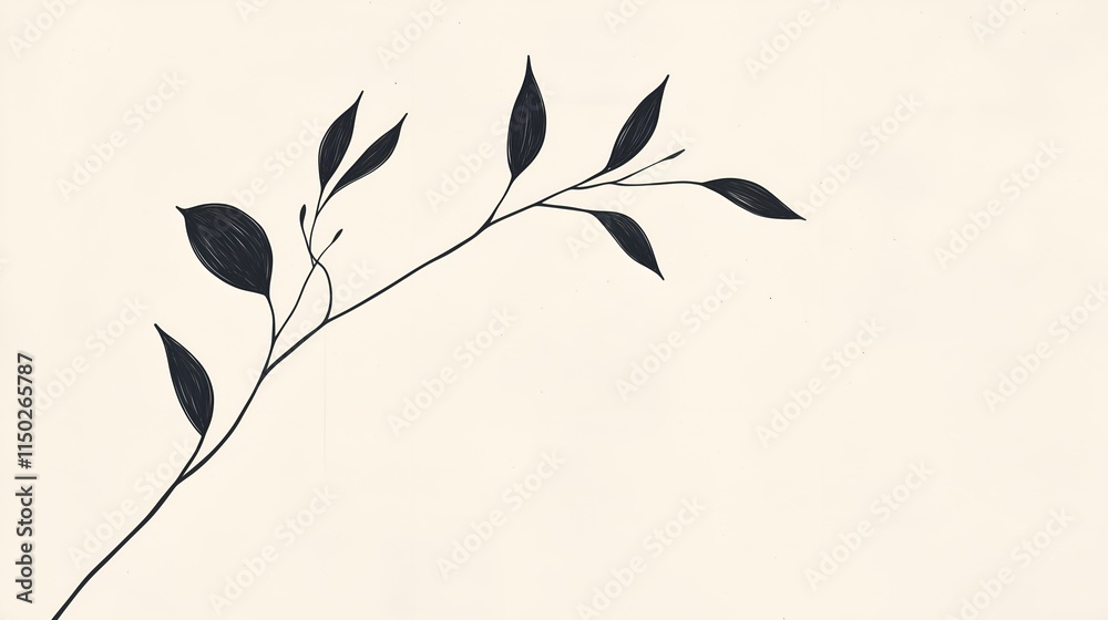 A plain cream background with a single, thin, black outline of a leaf placed subtly off-center. A plain cream background with a single, thin, black outline of a leaf placed subtly off-center.