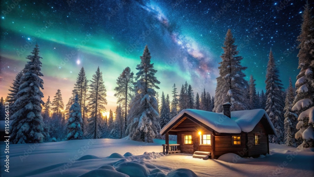 Secluded Wooden Cabin in a Snow Covered Forest Under a Celestial Display of Aurora Borealis and Milky Way Secluded Wooden Cabin in a Snow Covered Forest Under a Celestial Display of Aurora Borealis and Milky Way