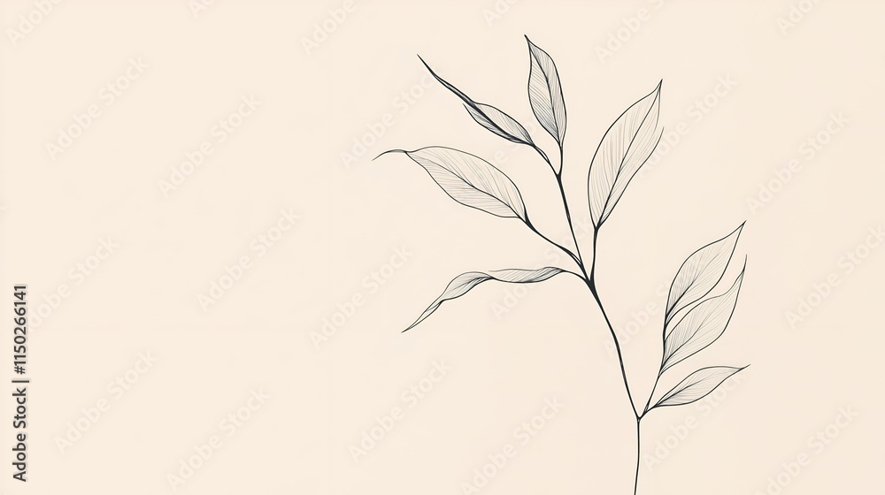 Naklejka premium A plain cream background with a single, thin, black outline of a leaf placed subtly off-center.