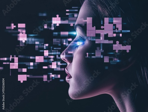 A woman's profile surrounded by digital abstractions and data. photo