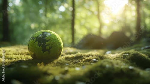 Green Globe In Forest With Moss And Defocused Abstract Sunlight photo