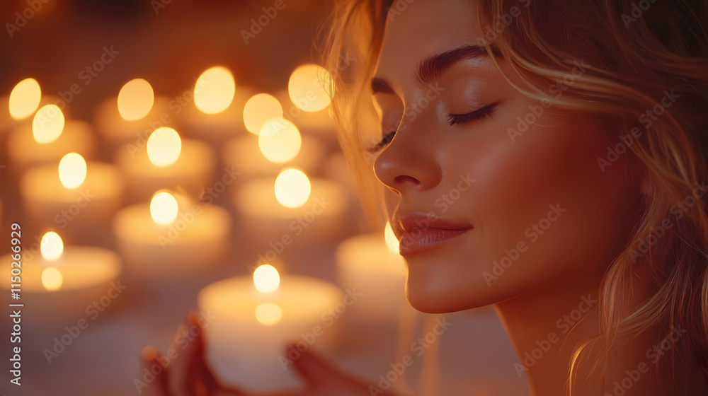 Serene Woman Meditating with Candles in Background for Mindfulness and Wellness Spa Serene Woman Meditating with Candles in Background for Mindfulness and Wellness Spa