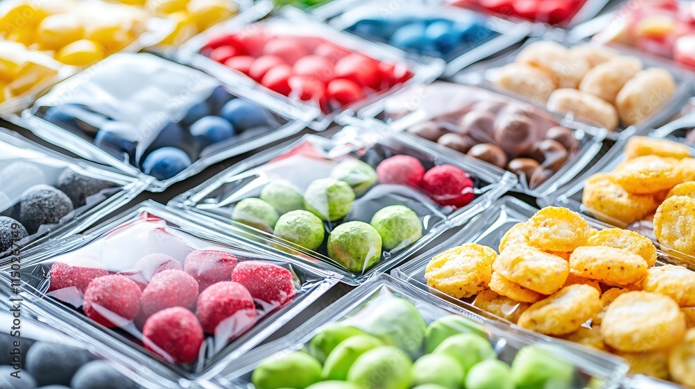 Close-up of a premium food packaging mock-up, with a metallic finish, featuring gourmet snacks, balanced composition with ample space for text, Close-up of a premium food packaging mock-up, with a metallic finish, featuring gourmet snacks, balanced composition with ample space for text,