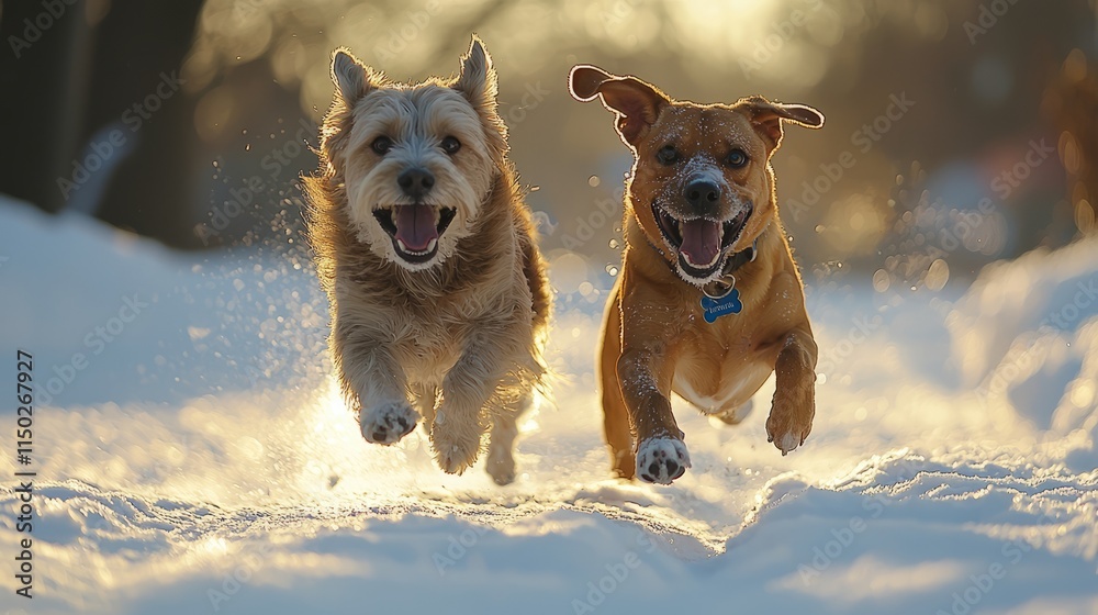 Naklejka premium Joyful Dogs Running in Snowy Landscape